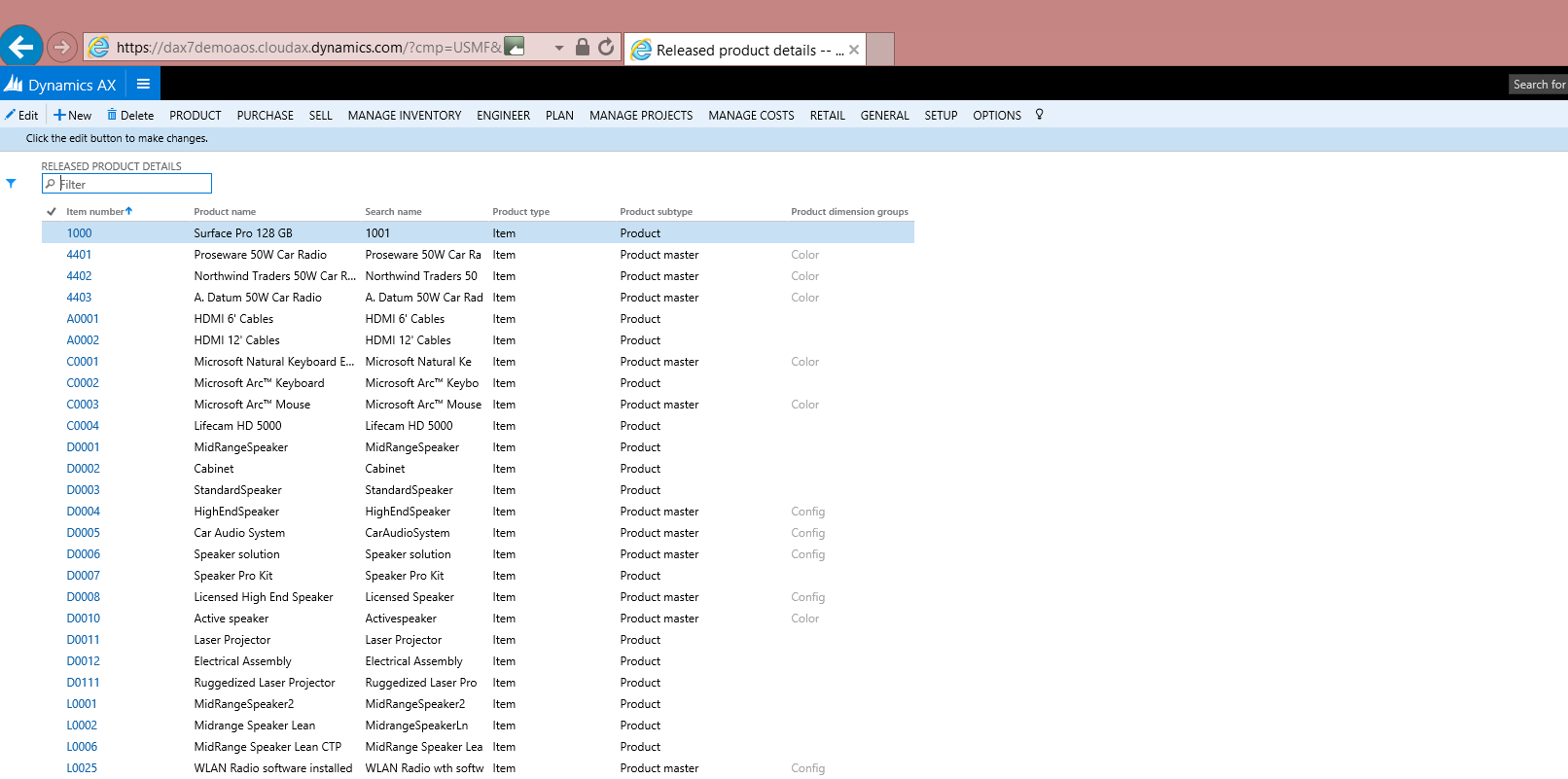 Released Products in Dynamics AX